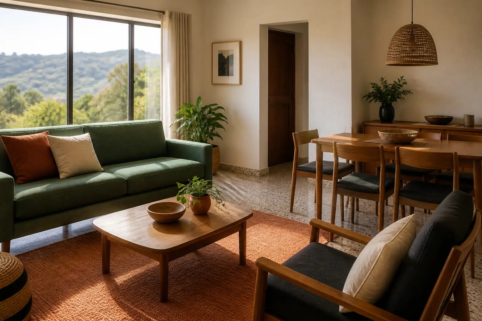 Warm contemporary living and dining room with timber furniture